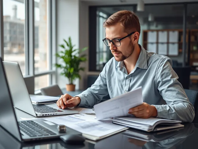 Professional Bookkeeper working on financial documents with a laptop