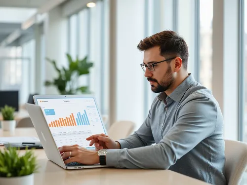Small business owner looking at financial reports on a laptop