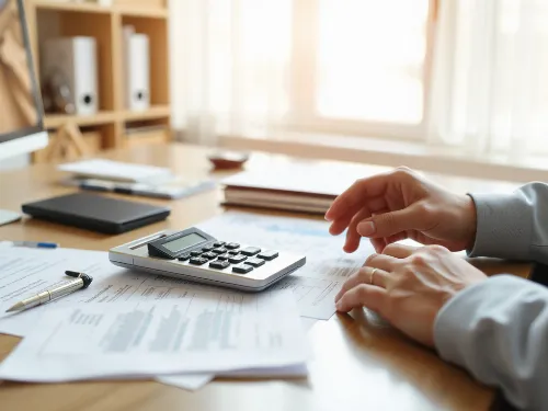 Person reviewing tax documents and calculations on a desk